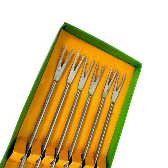 Vtg Fred Roberts 6 Piece Stainless Steel Fondue Forks Wooden Color Coded Handles - Picture 3 of 4